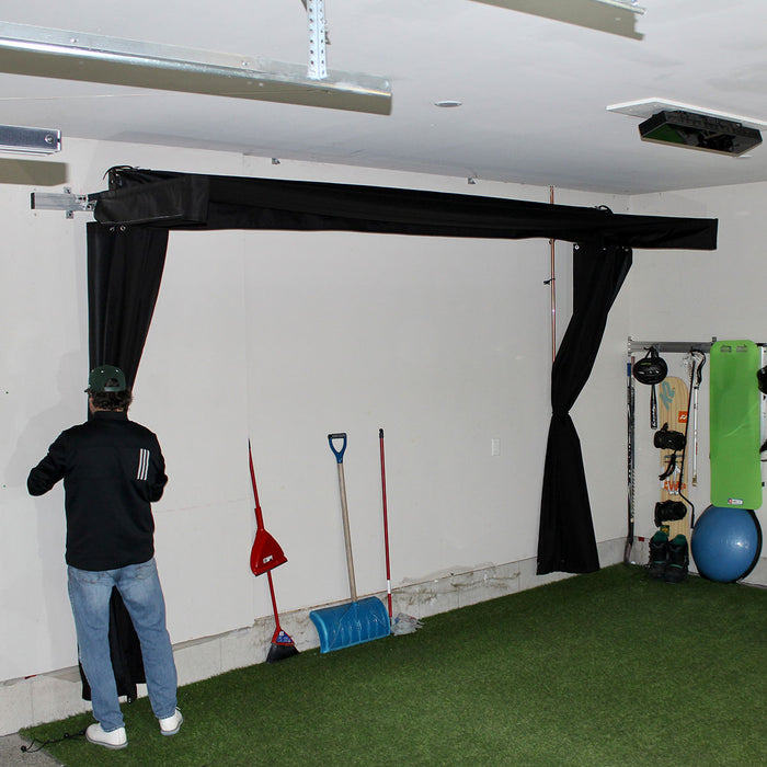 Blue Tees Golf Rainmaker SportScreen Vanish LITE Semi-Retractable Golf Studio Complete Package | Home Golf Simulator Studio with Impact Screen, Enclosure, Hitting Mat, Putting Turf & Projector