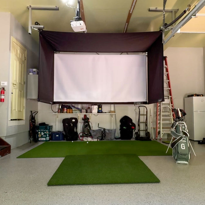 SportScreen Vanish Retractable Golf Studio Complete Package by Golficity | Home Golf Simulator Studio with Impact Screen, Enclosure, Hitting Mat, Putting Turf & Projector
