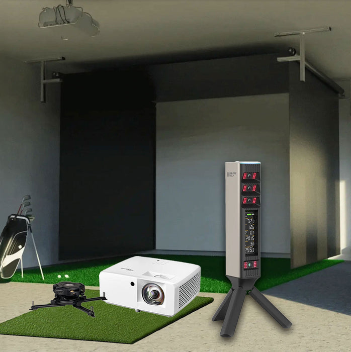 Square Golf Omni SportScreen Vanish Retractable Golf Studio Complete Package | Home Golf Simulator Studio with Impact Screen, Enclosure, Hitting Mat, Putting Turf & Projector