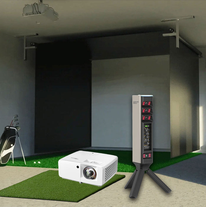 Square Golf Omni SportScreen Vanish Retractable Golf Studio Complete Package | Home Golf Simulator Studio with Impact Screen, Enclosure, Hitting Mat, Putting Turf & Projector