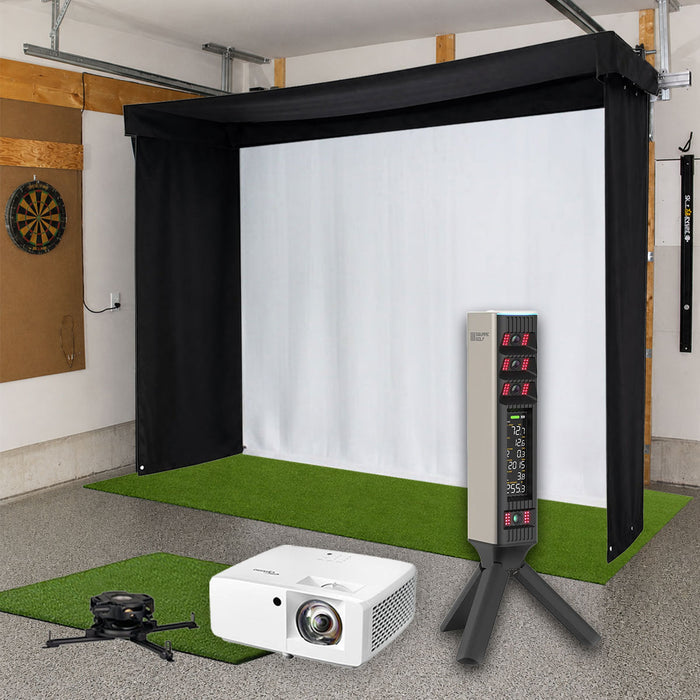 Square Golf Omni SportScreen Vanish LITE Semi-Retractable Golf Studio Complete Package | Home Golf Simulator Studio with Impact Screen, Enclosure, Hitting Mat, Putting Turf & Projector