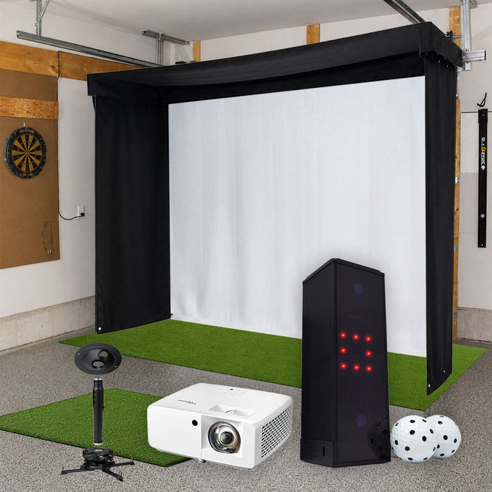 Square Golf SportScreen Vanish LITE Semi-Retractable Golf Studio Complete Package | Home Golf Simulator Studio with Impact Screen, Enclosure, Hitting Mat, Putting Turf & Projector