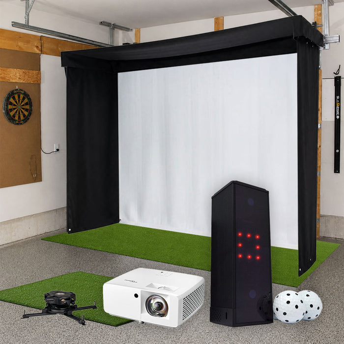Square Golf SportScreen Vanish LITE Semi-Retractable Golf Studio Complete Package | Home Golf Simulator Studio with Impact Screen, Enclosure, Hitting Mat, Putting Turf & Projector