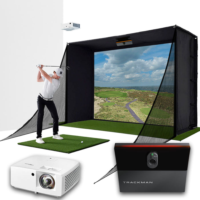 Trackman iO with PlayBetter SimStudio™ COMPLETE Package | Golf Simulator Studio with Impact Screen, Enclosure, Side Barriers, Hitting/Putting Mats & Projector