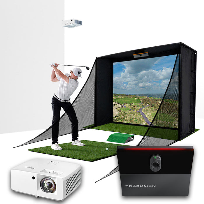 Trackman iO with PlayBetter SimStudio™ COMPLETE Package | Golf Simulator Studio with Impact Screen, Enclosure, Side Barriers, Hitting/Putting Mats & Projector