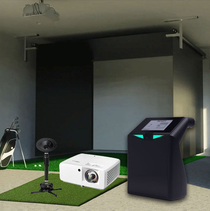TruGolf LaunchBox SportScreen Vanish Retractable Golf Studio Complete Package | Home Golf Simulator Studio with Impact Screen, Enclosure, Hitting Mat, Putting Turf & Projector