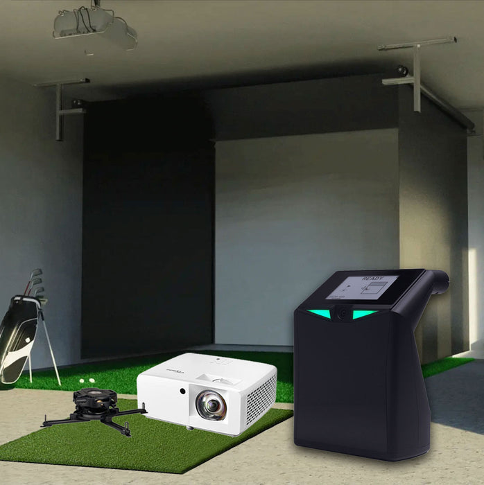 TruGolf LaunchBox SportScreen Vanish Retractable Golf Studio Complete Package | Home Golf Simulator Studio with Impact Screen, Enclosure, Hitting Mat, Putting Turf & Projector