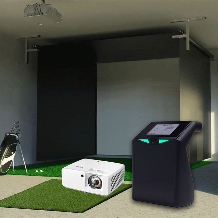 TruGolf LaunchBox SportScreen Vanish Retractable Golf Studio Complete Package | Home Golf Simulator Studio with Impact Screen, Enclosure, Hitting Mat, Putting Turf & Projector