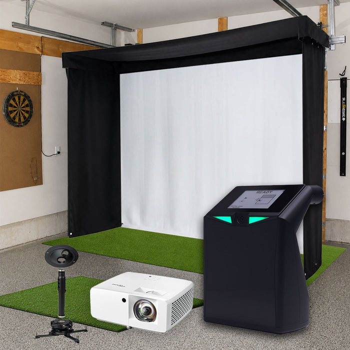 TruGolf LaunchBox SportScreen Vanish LITE Semi-Retractable Golf Studio Complete Package | Home Golf Simulator Studio with Impact Screen, Enclosure, Hitting Mat, Putting Turf & Projector