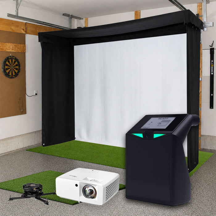 TruGolf LaunchBox SportScreen Vanish LITE Semi-Retractable Golf Studio Complete Package | Home Golf Simulator Studio with Impact Screen, Enclosure, Hitting Mat, Putting Turf & Projector
