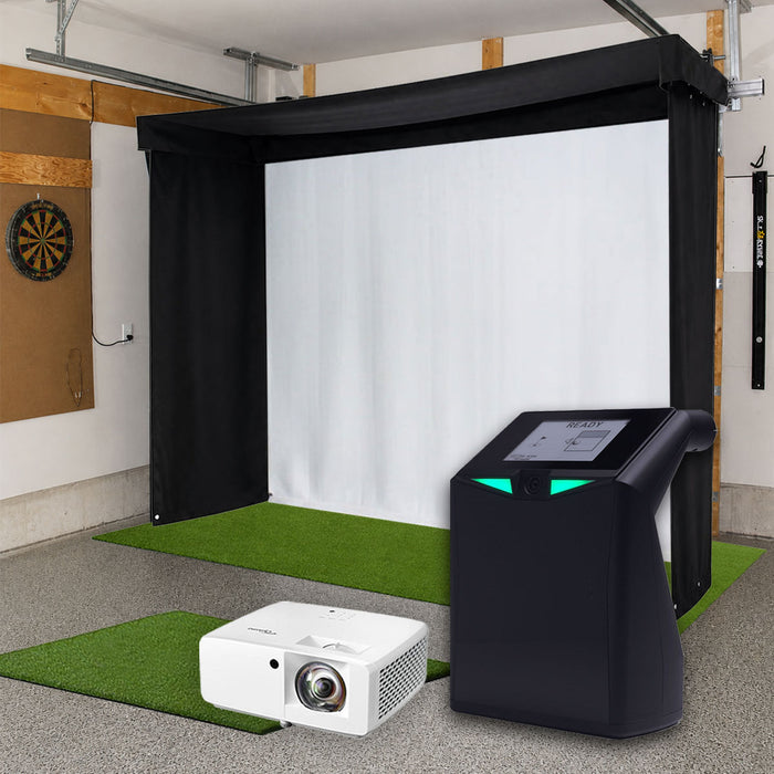 TruGolf LaunchBox SportScreen Vanish LITE Semi-Retractable Golf Studio Complete Package | Home Golf Simulator Studio with Impact Screen, Enclosure, Hitting Mat, Putting Turf & Projector