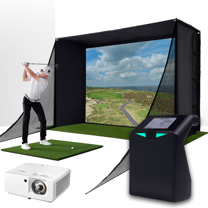 TruGolf LaunchBox with PlayBetter SimStudio™ COMPLETE Package | Golf Simulator Studio with Impact Screen, Enclosure, Side Barriers, Hitting/Putting Mats & Projector
