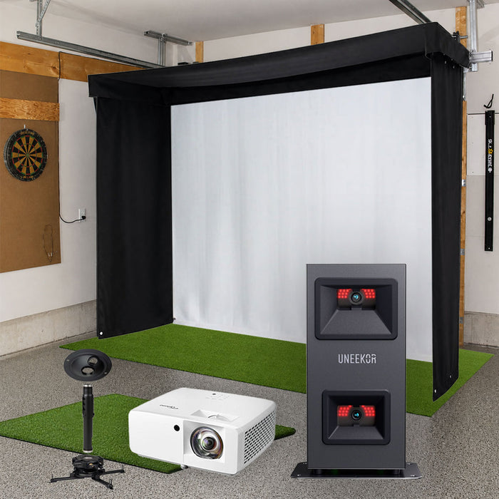 Uneekor EYE MINI LITE SportScreen Vanish LITE Semi-Retractable Golf Studio Complete Package | Home Golf Simulator Studio with Impact Screen, Enclosure, Hitting Mat, Putting Turf & Projector