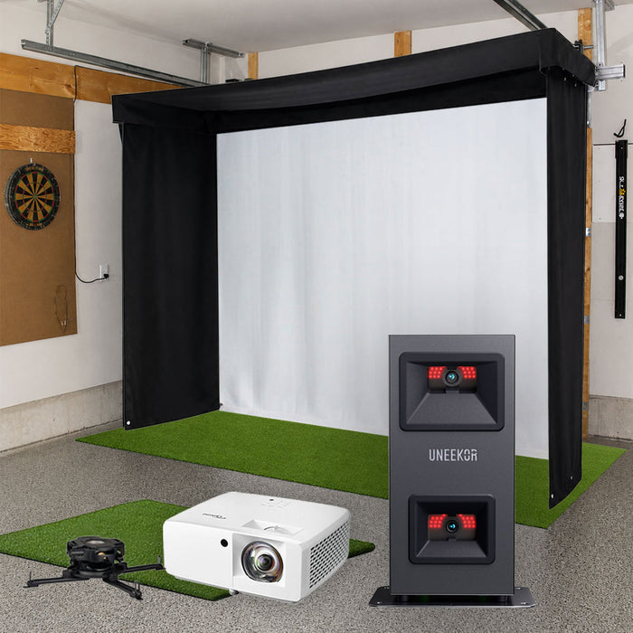 Uneekor EYE MINI LITE SportScreen Vanish LITE Semi-Retractable Golf Studio Complete Package | Home Golf Simulator Studio with Impact Screen, Enclosure, Hitting Mat, Putting Turf & Projector