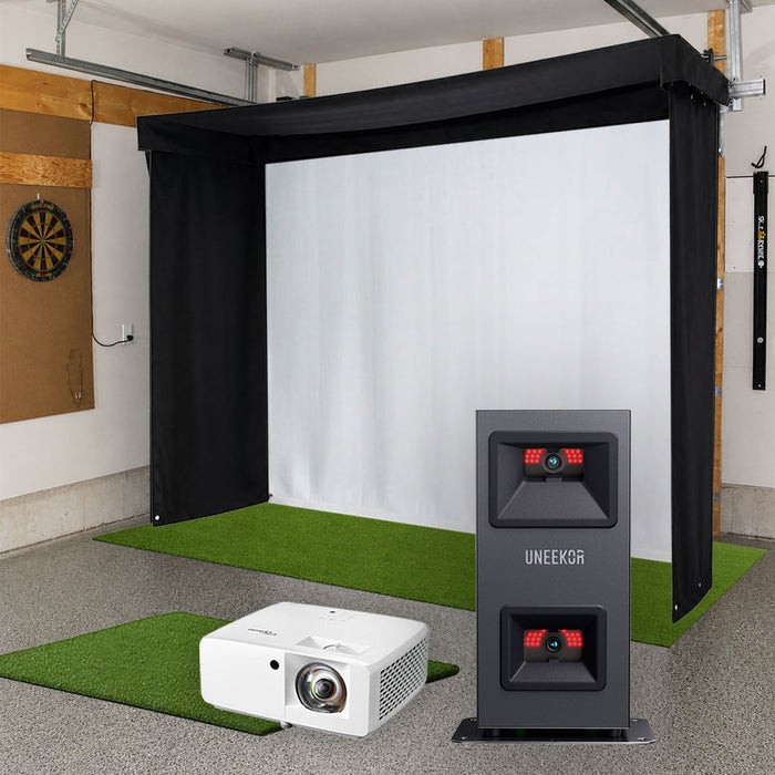 Uneekor EYE MINI LITE SportScreen Vanish LITE Semi-Retractable Golf Studio Complete Package | Home Golf Simulator Studio with Impact Screen, Enclosure, Hitting Mat, Putting Turf & Projector
