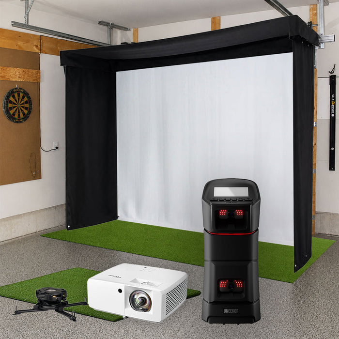 Uneekor EYE MINI SportScreen Vanish LITE Semi-Retractable Golf Studio Complete Package | Home Golf Simulator Studio with Impact Screen, Enclosure, Hitting Mat, Putting Turf & Projector