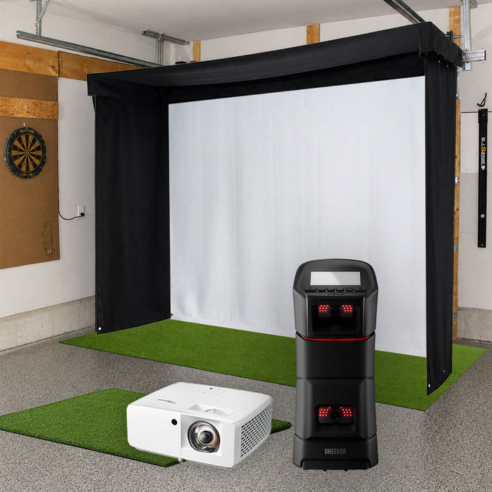 Uneekor EYE MINI SportScreen Vanish LITE Semi-Retractable Golf Studio Complete Package | Home Golf Simulator Studio with Impact Screen, Enclosure, Hitting Mat, Putting Turf & Projector