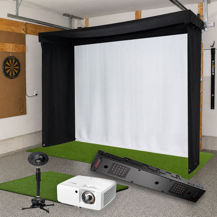 Uneekor EYE XO2 SportScreen Vanish LITE Semi-Retractable Golf Studio Complete Package | Home Golf Simulator Studio with Impact Screen, Enclosure, Hitting Mat, Putting Turf & Projector