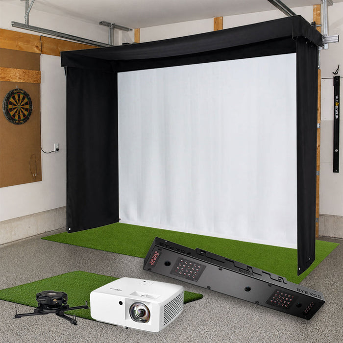 Uneekor EYE XO2 SportScreen Vanish LITE Semi-Retractable Golf Studio Complete Package | Home Golf Simulator Studio with Impact Screen, Enclosure, Hitting Mat, Putting Turf & Projector
