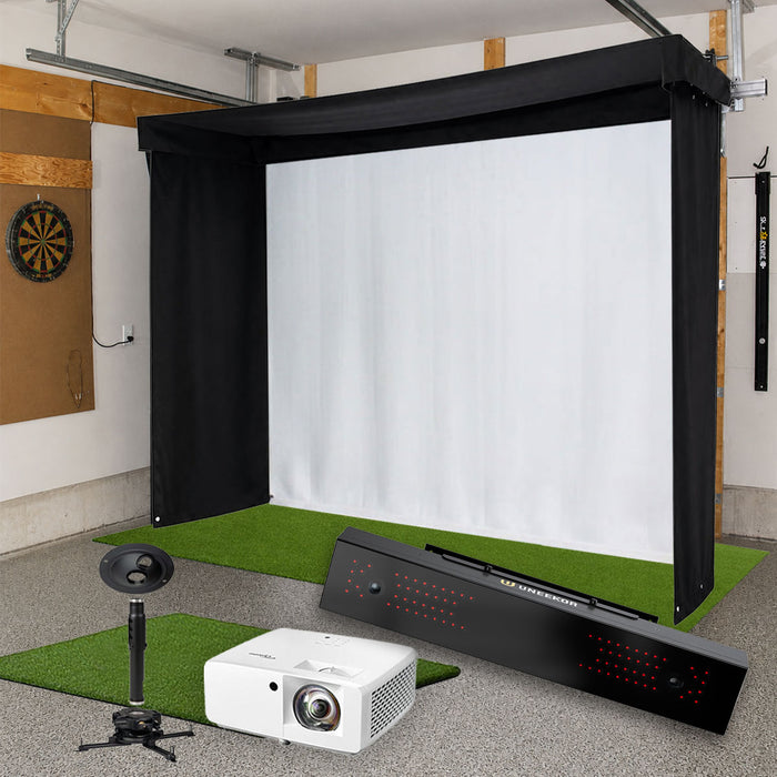 Uneekor EYE XR SportScreen Vanish LITE Semi-Retractable Golf Studio Complete Package | Home Golf Simulator Studio with Impact Screen, Enclosure, Hitting Mat, Putting Turf & Projector