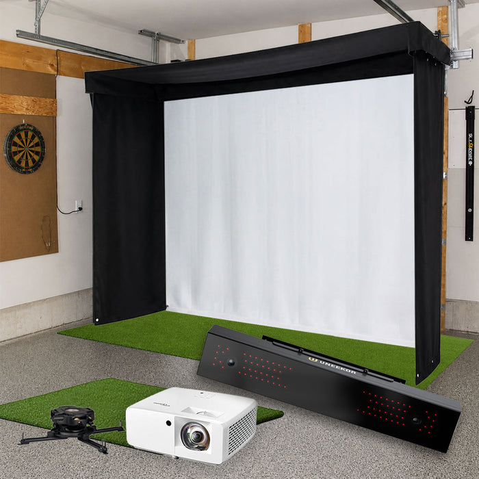 Uneekor EYE XR SportScreen Vanish LITE Semi-Retractable Golf Studio Complete Package | Home Golf Simulator Studio with Impact Screen, Enclosure, Hitting Mat, Putting Turf & Projector