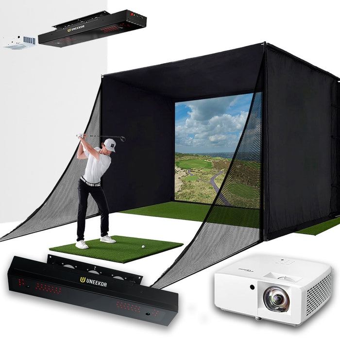 Uneekor EYE XR with PlayBetter SimStudio™ COMPLETE Package | Golf Simulator Studio with Impact Screen, Enclosure, Side Barriers, Hitting/Putting Mats & Projector