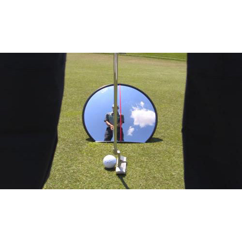 Golfer using the EyeLine Golf 360° Mirror to check proper stroke alignment