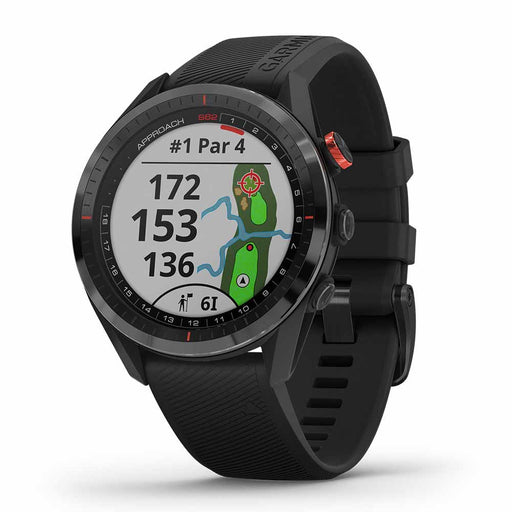 Garmin Approach S62 Premium GPS Golf Smartwatch - Black Ceramic Bezel with Black Silicone Band - Right Angle