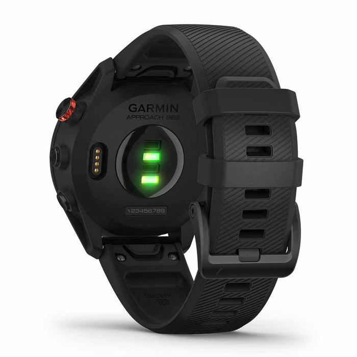 Garmin Approach S62 Premium GPS Golf Smartwatch - Black Ceramic Bezel with Black Silicone Band - Back Angle