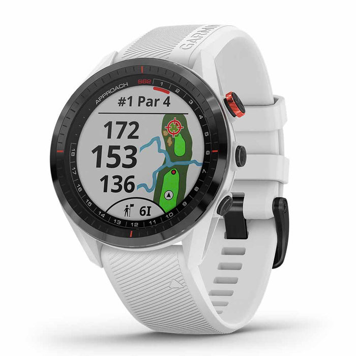 Garmin Approach S62 Premium GPS Golf Watch - Black Ceramic Bezel with White Silicone Band - Right Angle