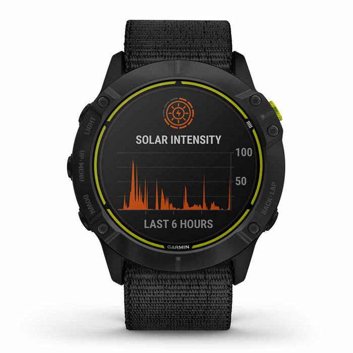 Garmin Enduro Ultraperformance Multisport GPS Watch - Carbon Gray DLC Titanium with Black UltraFit Nylon Band - Front Angle