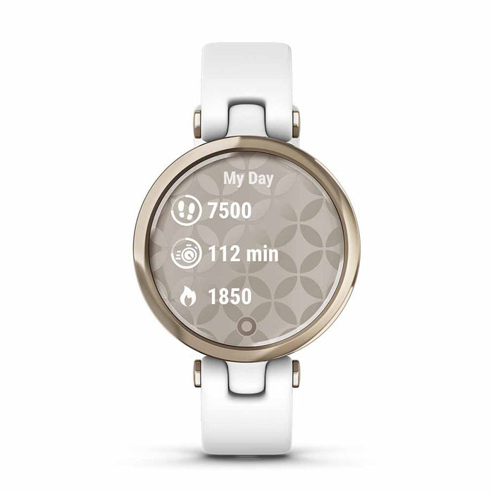Garmin Lily Sport Small Ladies Fitness Smartwatch - Cream Gold Bezel/White Case Silicone Band - Front Angle