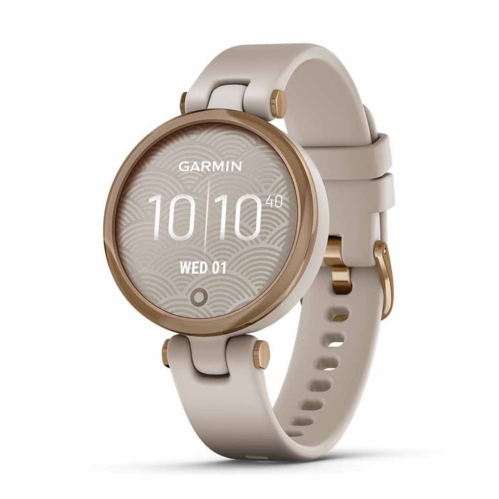 Garmin Lily Sport Small Smart Watch for Women - Rose Gold Bezel Light Sand Case Silicone Band - Right Angle