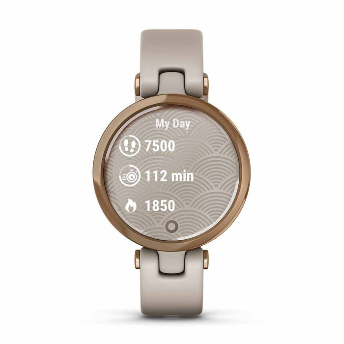 Garmin Lily Sport Small Smart Watch for Women - Rose Gold Bezel Light Sand Case Silicone Band - Front Angle
