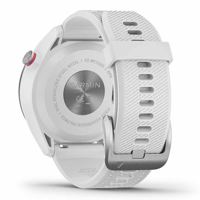 Garmin Approach S42 Golf GPS Watch - Polished Silver with White Band - Back Angle