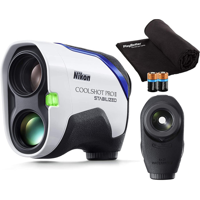 Nikon COOLSHOT PROII Stabilized Golf Laser Rangefinder Bundle with PlayBetter Microfiber Cleaning Towel and CR2 Batteries