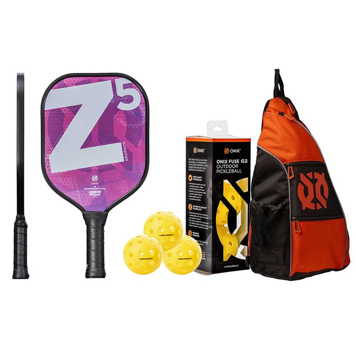 Onix Z5 MOD Series Graphite Pickleball - Pink with Onix Pro Team Sling Bag and 3-Pack Onix Fuse G2 Outdoor Pickleballs