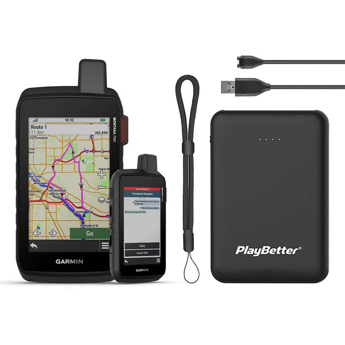 Garmin Montana 700i Handheld Hiking GPS with PlayBetter GPS Tether Lanyard (Black) and PlayBetter Portable Charger