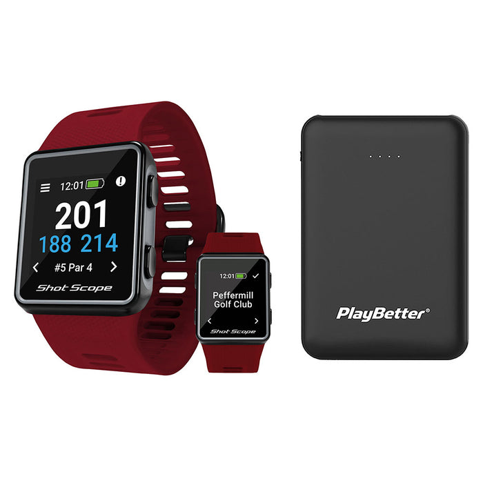 Shot Scope G3 Golf GPS Watch - Red with PlayBetter Portable Charger