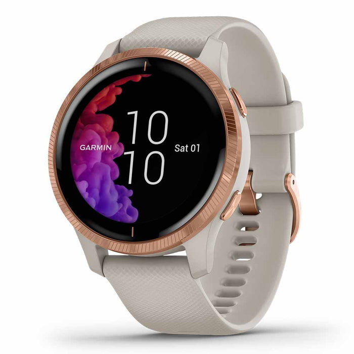 Garmin Venu Ladies Fitness GPS Smartwatch - Rose Gold Stainless Steel/Light Sand - Right Angle